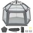 Baby Playpen with Self-Inflating Play Mat & Travel Bag, Portable Outdoor Playpen for Babies and Toddlers, Foldable Pop Up Play Tent for Home, Park, Beach and Camping (Grey)