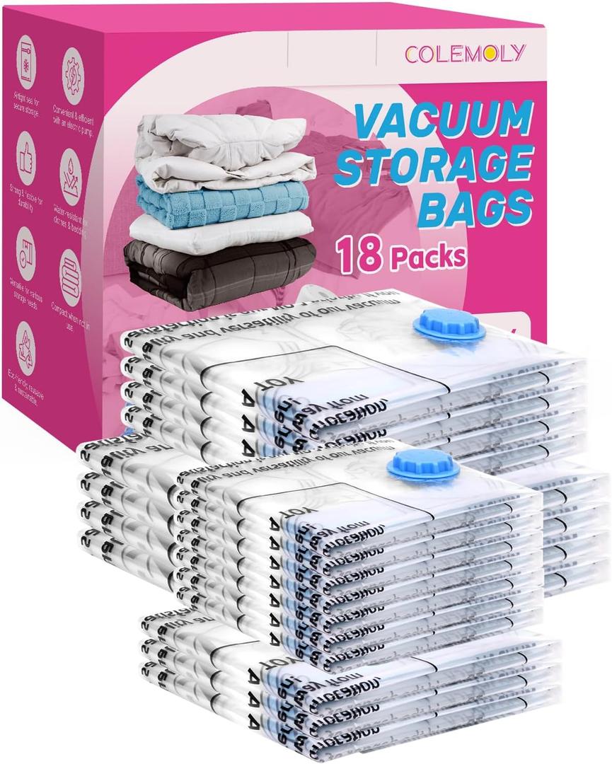 Colemoly Vacuum Storage Bags 18 Pack Vacuum Seal Bags Without Electric Pump Space Saver Storage Bags for travel, Storage and Organization (4 Jumbo/ 4 Large/ 3 Medium/ 3 Small/ 4 Roll Up) (Combo)