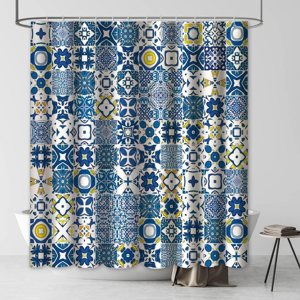 MEHOFOND Blue and Yellow Tiles Shower Curtain Modern Retro Textures Morocco Mosaic Portuguese Mediterranean Shower Curtain for Bathroom Decorations Bathtub Set with Hooks 72x72in