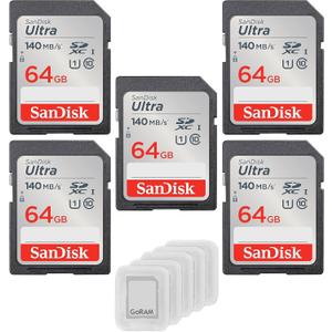 SanDisk 64GB Ultra SDXC UHS-I Class 10 Memory Card 140MB/s U1, Full HD, SD Camera Card SDSDUNB-064G-GN6IN (5 Pack) Bundle with (5) GoRAM Plastic Cases