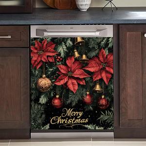BVBOX Christmas Dishwasher Magnet Cover 23"x26", Reusable Magnetic Refrigerator Covers, Dishwasher Magnets Decorative Cover Fridge Door Skin Panel Stickers (Poinsettia)