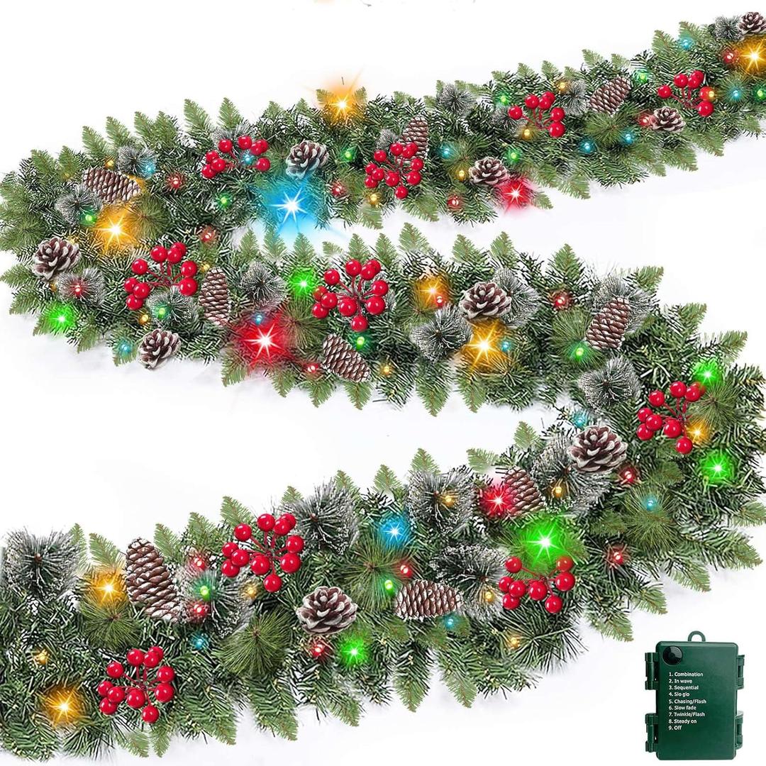 TURNMEON 9 Ft Prelit Artificial Christmas Garland Decor Timer 50 Lights 8 Modes Berry Snowy Bristle Pinecone Battery Operated Xmas Christmas Decoration Mantle Fireplace Home Indoor Outdoor
