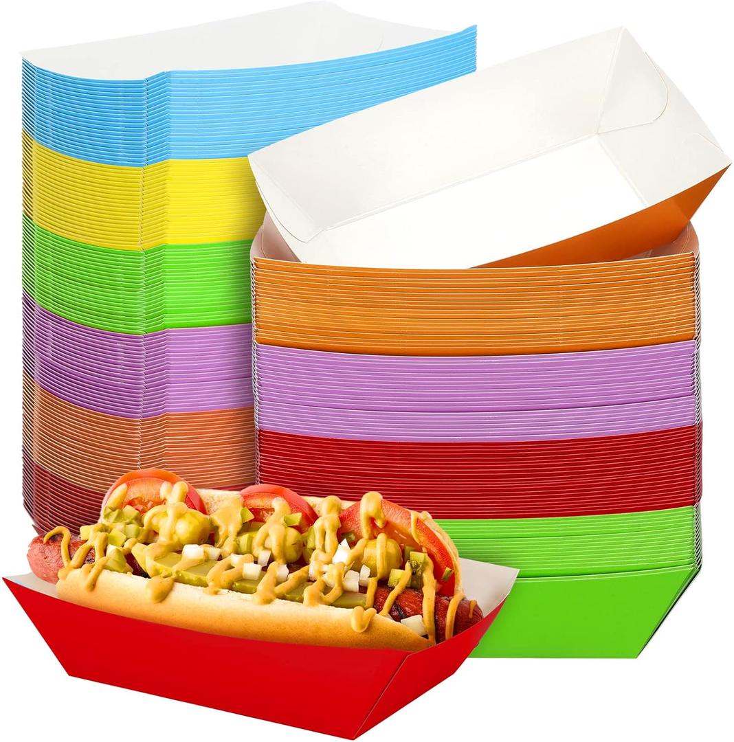 Panelee 120 Pcs Colorful 3.5 lb Nacho Boats Trays Disposable Paper Food Trays Paper Boats Plates Containers Disposable Serving Basket for Nachos Hot Dog Snack Sandwich Burger BBQ Dessert Popcorn Taco