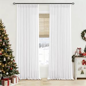 Pleated Linen White Curtains 96 Inches Long 2 Panels Set for Living Room Bedroom Neutral Farmhouse Cotton Linen Blend Back Tab Memory Shape Pinch Pleat Ceiling to Floor Window Curtain Snow White 8 Ft