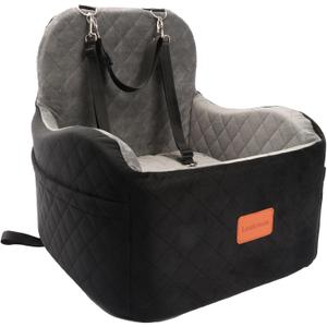 Dog Booster Car Seat for Small/Medium Dogs,6in Memory Foam Elevated Cushion,Fully Detachable and Washable,2 Clip-On Safety Leashes,Anti-Slip Base(Black/Grey,Medium)