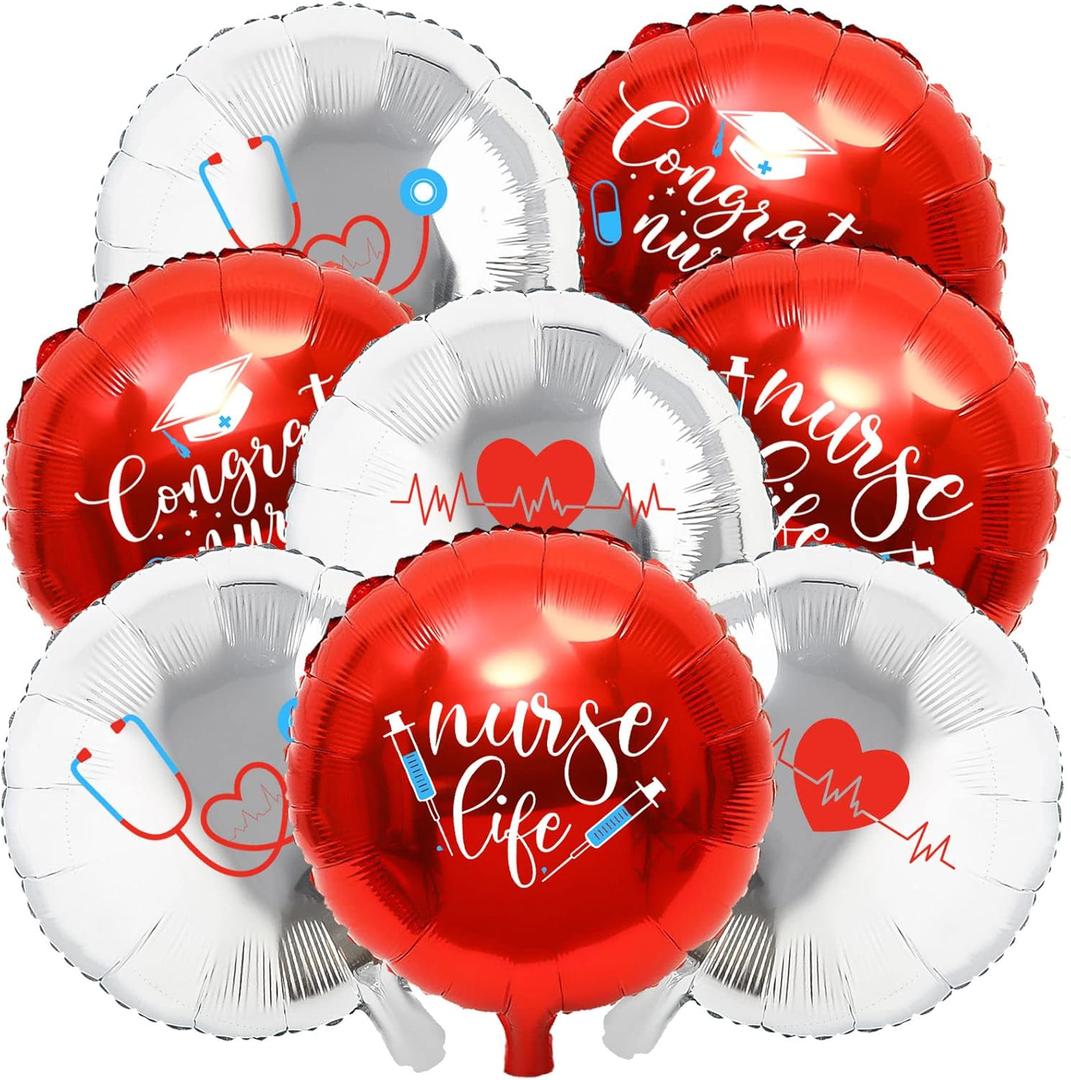 Whaline 24 Pcs Nurse Graduation Balloons Set Congrats Nurse Party Balloons 18 Inch Red Silver Foil Balloon for Graduation Party Supplies Home School Backdrop Decorations
