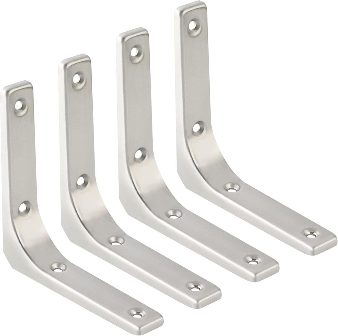 SAYAYO Heavy Duty Floating Shelf Bracket 4 Inch x 4 Inch, Stainless Steel Wall Shelf Brackets & Supports Brushed Nickel L Bracket, Angle Brackets Corner Brace for Wood, 4Pcs
