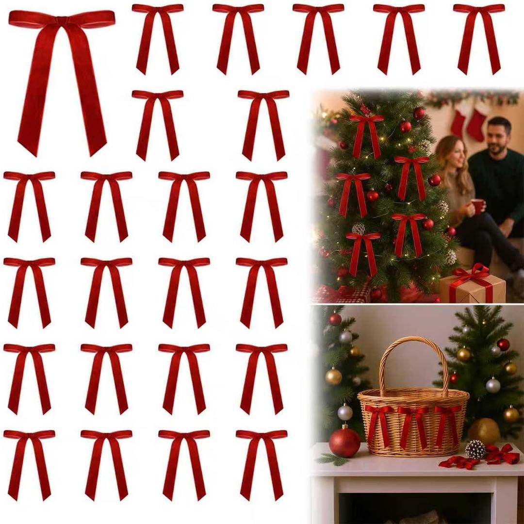 24PCS Christmas Velvet Bows with Twist Ties  Red Satin Wreath Bows for DIY Holiday Decorations, Gift Wrapping & Party Decor