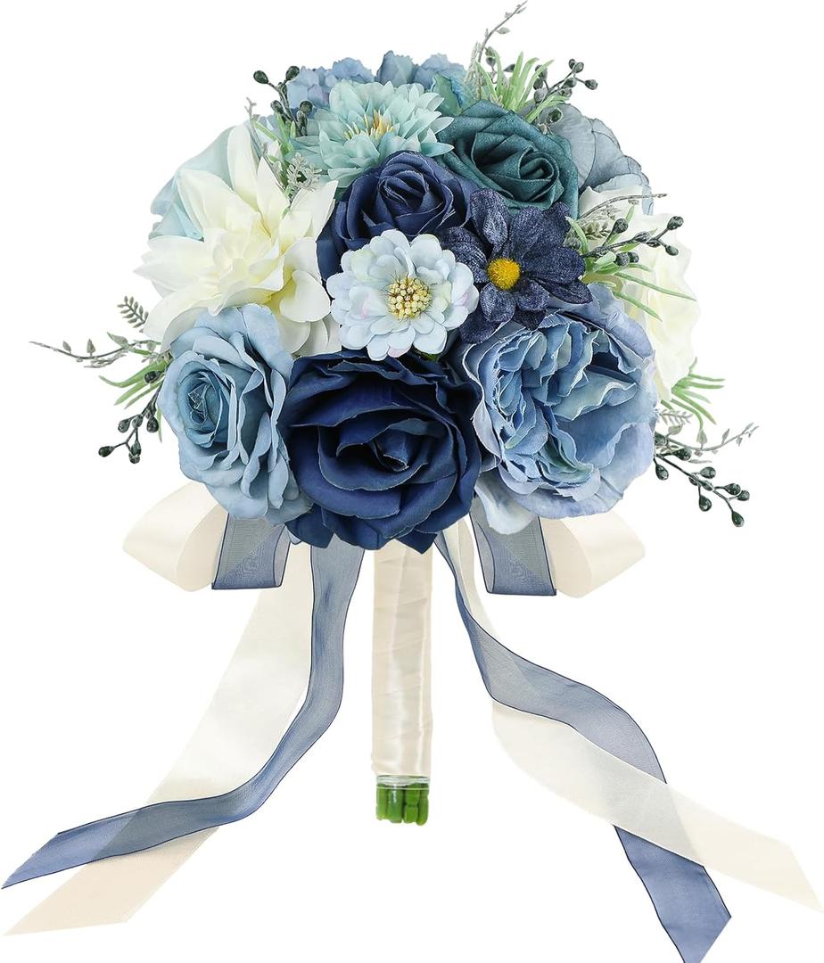 Wedding Bouquets for Bride Bridesmaid 8.5 Inch Dusty Blue Artificial Roses Flowers Bridal Bouquets for Bride Wedding Marriage Proposal Party Church Decoration