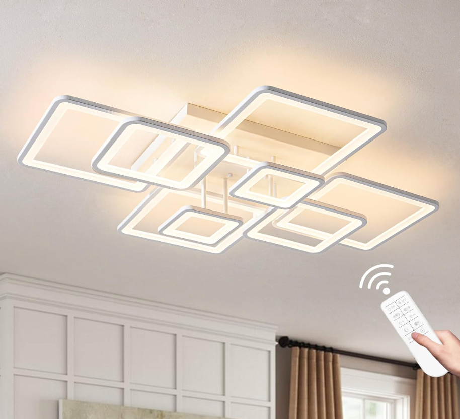 Shine LUEST Modern Ceiling Light, 39.4'' Dimmable LED White Flush Mount Ceiling Lights with Remote Acrylic Round Ceiling Lamp Fixture for Low Ceiling Bedroom Living Room Dining Room, 100W