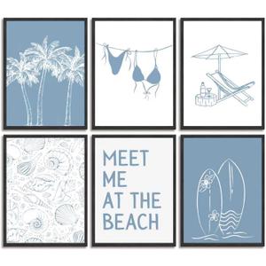 6pcs Blue Coastal Granddaughter Canvas Wall Art Trendy Bikini Shells Poster Prints Paintings Summer Beach Surfing Wall Decor Pictures for Living Room Bedroom Bathroom Dorm Home Decoration Unframed