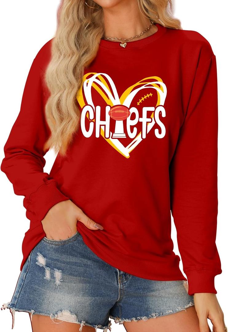 Football Sweatshirt Women Game Day Sweatshirts Football Team Fans Pullover Shirt Heart Graphic Long Sleeve Tops (Red, L)
