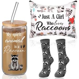 Layhit 3 Pcs Raccoon Gifts for Women Teaches Day Thank You Gift 16 oz Coffee Glass Cosmetic Makeup Bag Cute Socks Graduation Mother's Day Gift for Friend Teacher Colleague Employee
