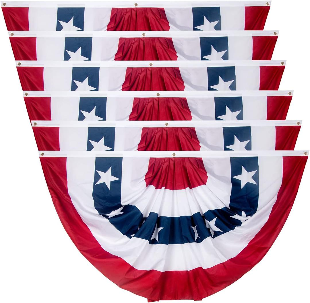 3x6 Ft USA Pleated Fan Flag, American US Flag Bunting for Outside, Patriotic Half Fan Banner Flag with Brass Grommets for 4th of July Indoor Outdoor Decorations, Pack of 6 