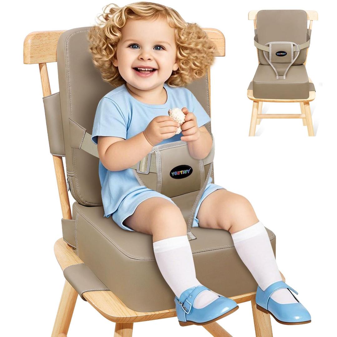 Toddler Booster Seat for Kitchen Chair with Removable Backrest & Adjustable Straps, PU Portable Waterproof & Non-Slip Booster Seat for Dining Table, Travel Child Eating Cushion - Dark Coffee