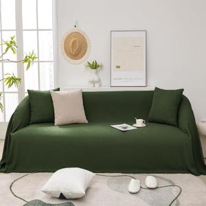 Sofa Covers Washable, Couch Cover for Grand Sofa, Soft Cozy Couch Protector for 3 Cushion Couch, Oversized Covers for Sectional Sofa, Solid Green Chenille Fabric with Tassels, 71"x 134"
