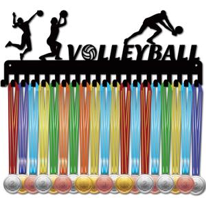 CREATCABIN Volleyball Medal Hangers Medal Holder Display Hanger Rack Sports Metal Hanging Athlete Awards Iron Wall Mount Decor with 20 Hooks for Wall Competition Volleyball Black 15.7 x 5.9 Inch