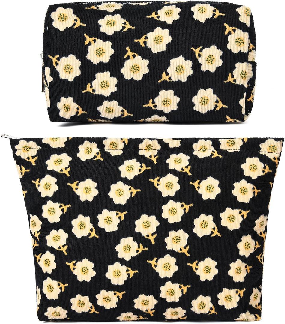 SOIDRAM 2 Pieces Flower Makeup Bag Large Cosmetic Bag Capacity Canvas Mix Travel Toiletry Bag Organizer Cute Makeup Brushes Aesthetic Accessories Storage Bag for Women, Flower Mix Black