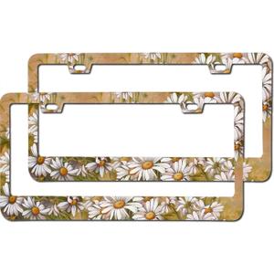2PC Daisy License Plate Frames for Women/Girls, Stainless Steel Car Tag Frame License Plate Holder with Screw Caps for US/CA Vehicles