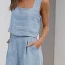 YMING Womens Summer 2 Piece Outfits Linen Set Square Neck Sleeveless Crop Tank Top and Shorts Sets Plus Size Light Blue M (Blue, M)