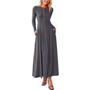 PRETTYGARDEN Maxi Dresses for Women 2025 Fall Casual Long Sleeve Button Fit and Flare Long Flowy Going Out Dress (Gray, S)