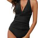 Womens V Neck Ruched Tankini Swimsuits, Tummy Control Halter Tie Back Two Piece Bathing Suits, Modest Swimwear with Shorts (Medium)