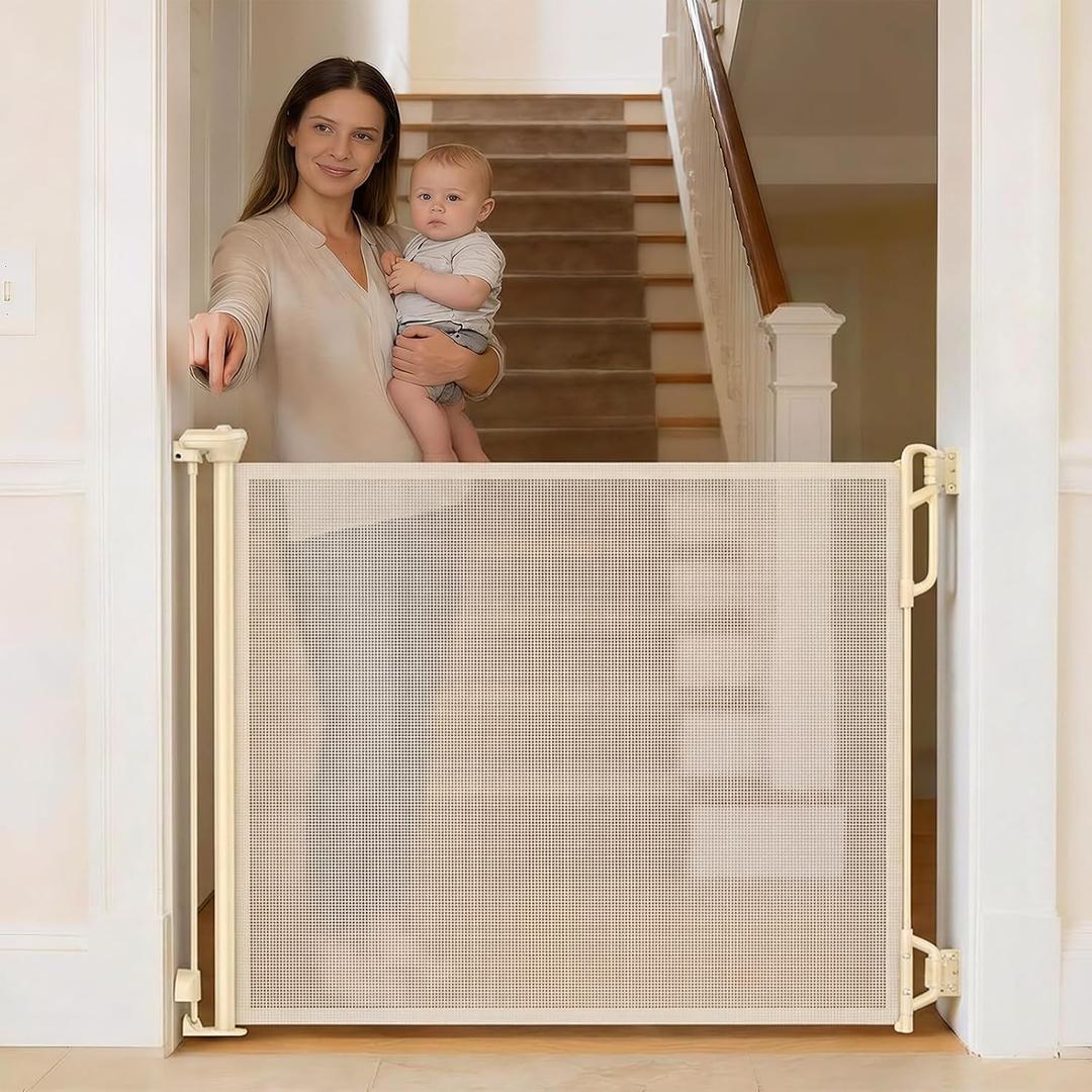 SPACEANY Retractable Safety Baby Gate or Mesh Dog Gate,Durable Portable Mesh Retractable Gate,Easy to Use for Stairs, Doorways, Hallways, Indoor, Outdoor, 33.5" Tall, Up to 55" Wide, Cream