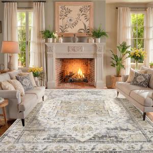 Washable Area Rug - Living Room Large Rug Stain Resistant Carpet Vintage Carpet Bedroom Non-Slip Backing Home Decor Floor Decor Mat (12' x 9' (Rectangular), Beige)
