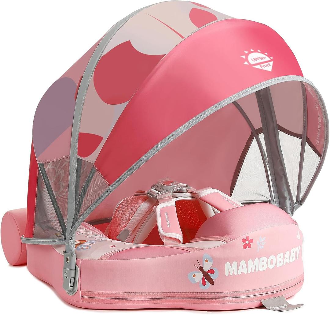 Mambobaby Float Add Tail No Flip Over Non-Inflatable Baby Swim Float Pearl Foam Solid Water Floats Smart Swim Trainer Infant Pool Float Swim Ring with Sun Canopy (3D pink)