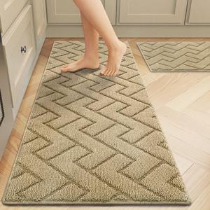 hicorfe Kitchen Runner Rugs and Mats Sets,2 Pieces Absorbent Non-Slip Kitchen Rug,Comfort Kitchen Mat for Floor,Washable for Kitchen,Hallway,Office,Sink,Laundry(20"x48"+20"x32",Brown)