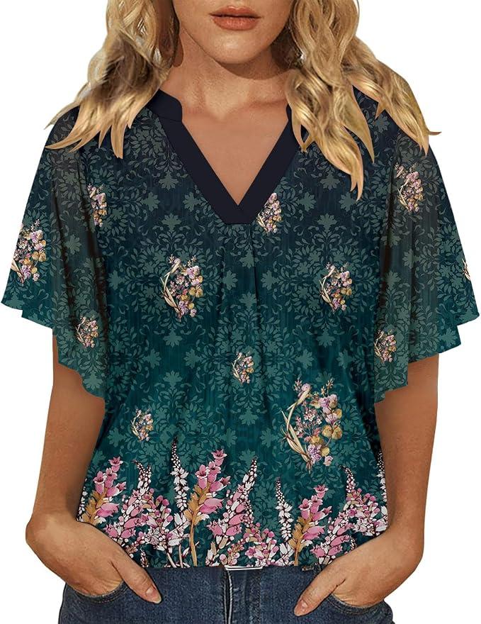 Onlypuff Womens Double Layered Tunic Tops Half Sleeve Floral Double Layered Sheer Flowy Blouse Round/V Neck Casual Shirts, Size: L