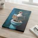 Funny Toilet Canvas Wall Art Humorous Seagull Reading Newspaper Wall Decor Painting Pictures Funny Bird Print for Living Room Bedroom Bathroom Decoration Framed