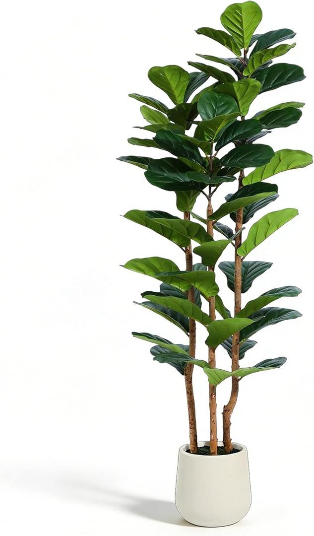 5ft Fake Fiddle Leaf Fig Tree, Realistic Fake Plants with Natural-Looking Trunk, Evergreen Faux Plants Indoor for Home & Office Decor3 Poles, White Pot