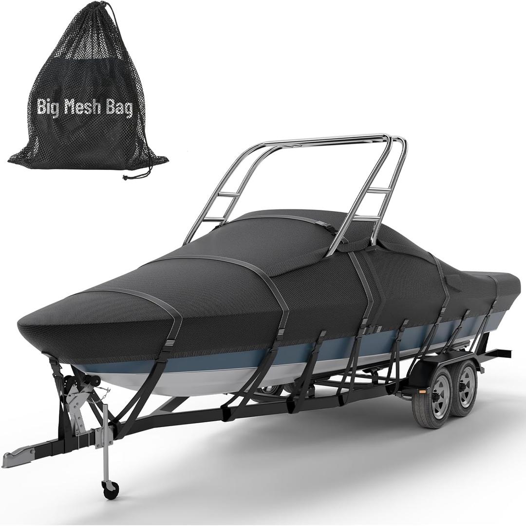 Tuszom 1200D 100% Waterproof Ski & Wakeboard Tower Boat Cover Tear-Proof Trailerable Full Size Boat Cover for Boats with Ski Or Wakeboard Towers (Black, 20'-22'L, Beam Width to 106" W)