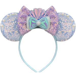 Mermaid Mouse Ears Headband for Women, Purple Scallop Mouse Ears Sequin Bows Headband Mouse Ears for Adult Park Ears