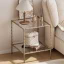 20" Square Glass End Table, Modern Tempered Glass Side Table with 2-Tier Storage Shelves, Accent Table with Antique Brass Gold Frame for Living Room, Bedroom (19.69"D x 19.69"W x 24.02"H)