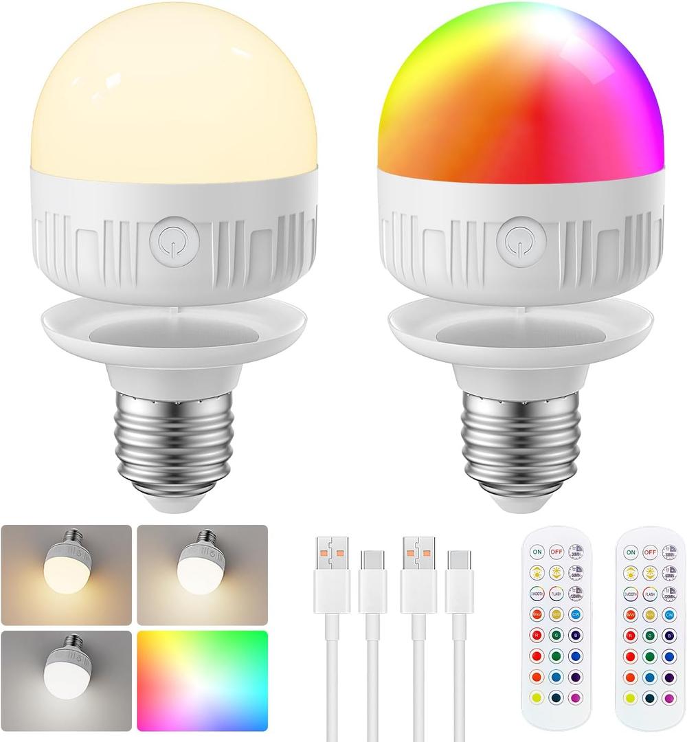 Rechargeable Light Bulb with Remote - E26 2Pack 6W 450LM Dimmable Detachable LED Bulb 15 Colors Selectable & 3 Timer, 2500mAh Battery Operated Magnetic Bulbs, Bulbs for Non-Hardwired Fixture