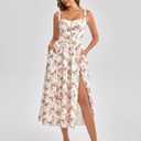 KUTUMAI Floral Corset Midi Dress Flowy Slit Summer Spring Wedding Guest Dresses for Women Sundress with Pockets (White, M)
