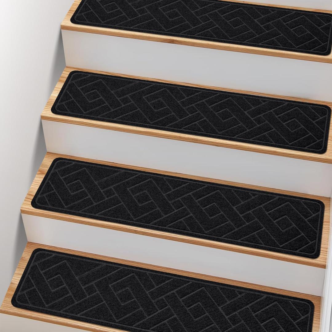 Non Slip Stair Treads for Wooden Steps,15 Pack 8" X 30" Stairs Carpet Treads Indoor with Reusable Peel and Stick Adhesive for Kids Elders and Pets,Polyester TPR Backing (Black)