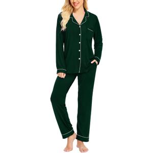 SWOMOG Womens Pajamas Set Long Sleeve Sleepwear Button Down Nightwear Soft Cotton Pj Lounge Sets (Large, Green)