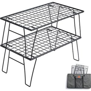 CAMPINGMOON Camping Mesh Rack 2 Pack Folding Camp Storage Shelf Lightweight Portable Black Steel Outdoor Kitchen Gear Organizer Carry Bag Included T-235-2T