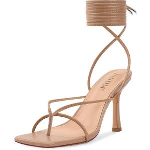 ISNOM Lace Up Heels Sandals for Women, Square Toe, Open Toe Thong, Stiletto Heels Design (8.5, Matte Nude)