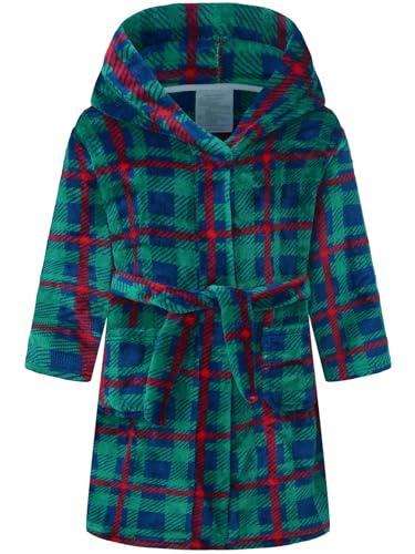 ECGK Boys Girls Robe Toddler Kids Soft Plush Hooded Bathrobe Sleepwear Pajamas Gifts Selections for Kids Green Plaid 6-8Years