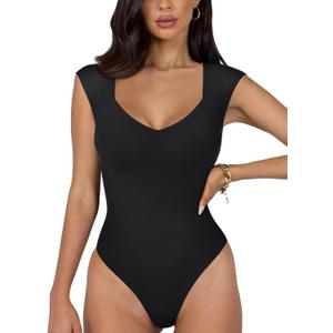 REORIA Butsmooth Women's Trendy Sexy Casual V Neck Double Lined Sleeveless Slimming Going Out Tank Top Bodysuits (Medium, Black)