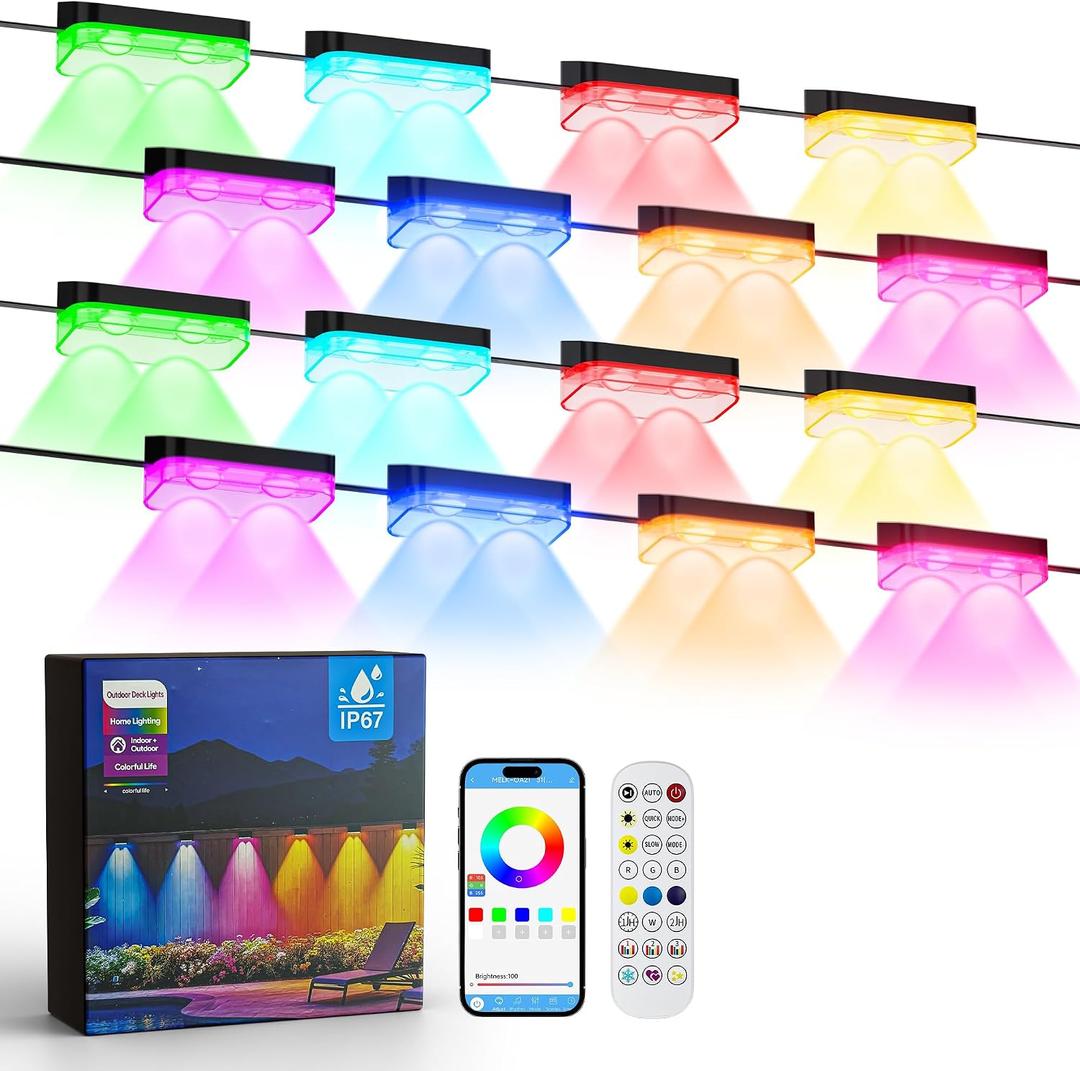 16 Pack 100ft Outdoor Deck Lights, Fence Lights APP/Remote Control | RGBICfence lights,16 Million Monochrome Modes,IP67 Waterproof, Color Changing Fence Lights for Fence