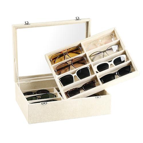 Frebeauty 16 Slots Sunglasses Organizer,2 Layer Velvet Sunglasses Tray with Glass Lid,Multiple Pairs Sunglass Display Case for Man or Woman,13.7 * 10.25 * 4.1 Inches Eyeglass/Eyewear Box (Beige)