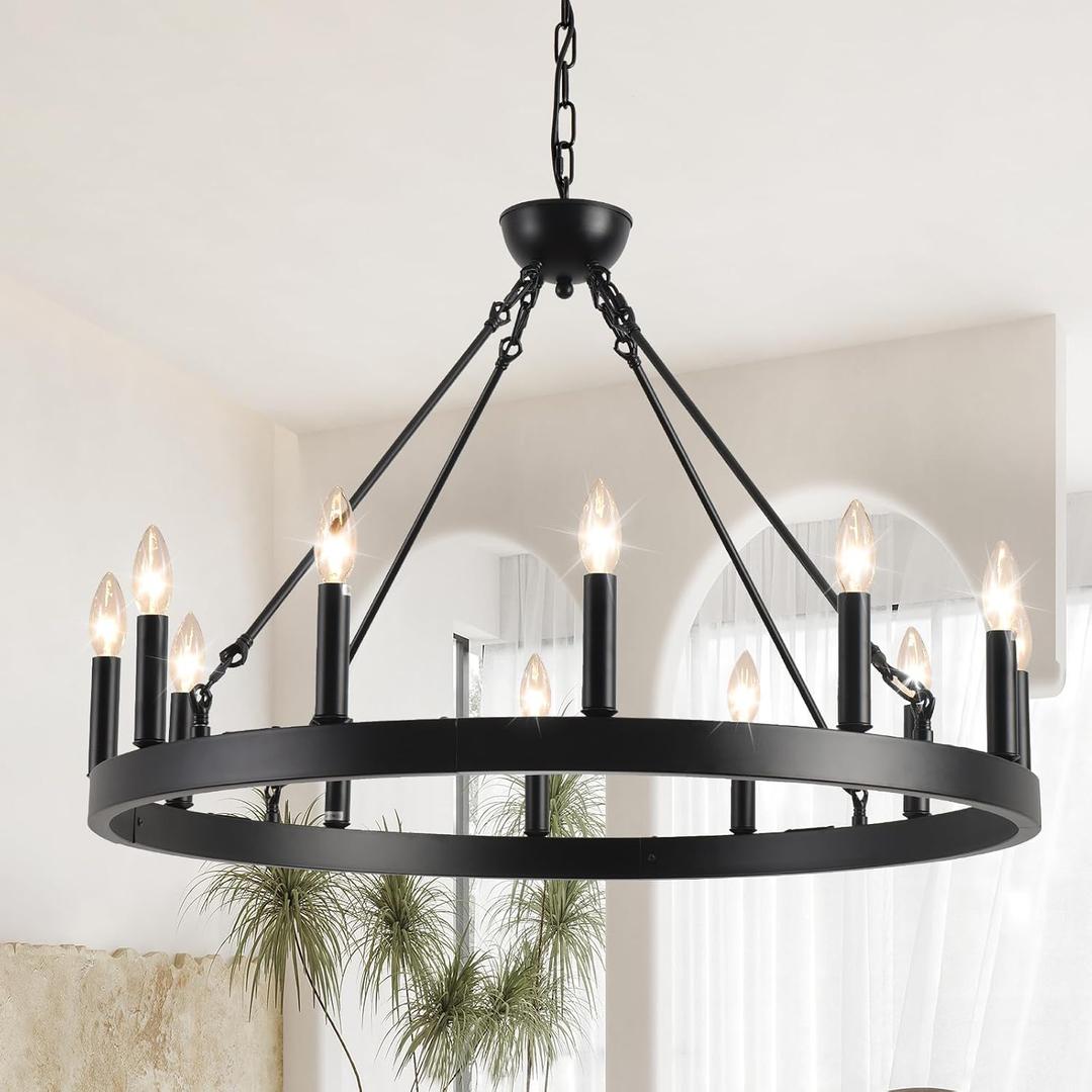 Wagon Wheel Chandelier 32" 12-Light, Round Black Chandeliers Farmhouse Modern Wagon Wheel Light Fixtures, for High Ceiling Dining Living Room, Foyer, Entryway