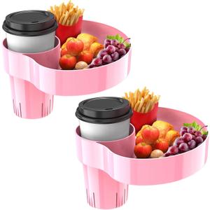[2 Packs] Kids Car Seat Tray, Travel Tray with Cup Holder for Toddler, Kids Car Seat Food Snack Tray for Road Trip, Stroller snack tray travel must haves - Pink Color