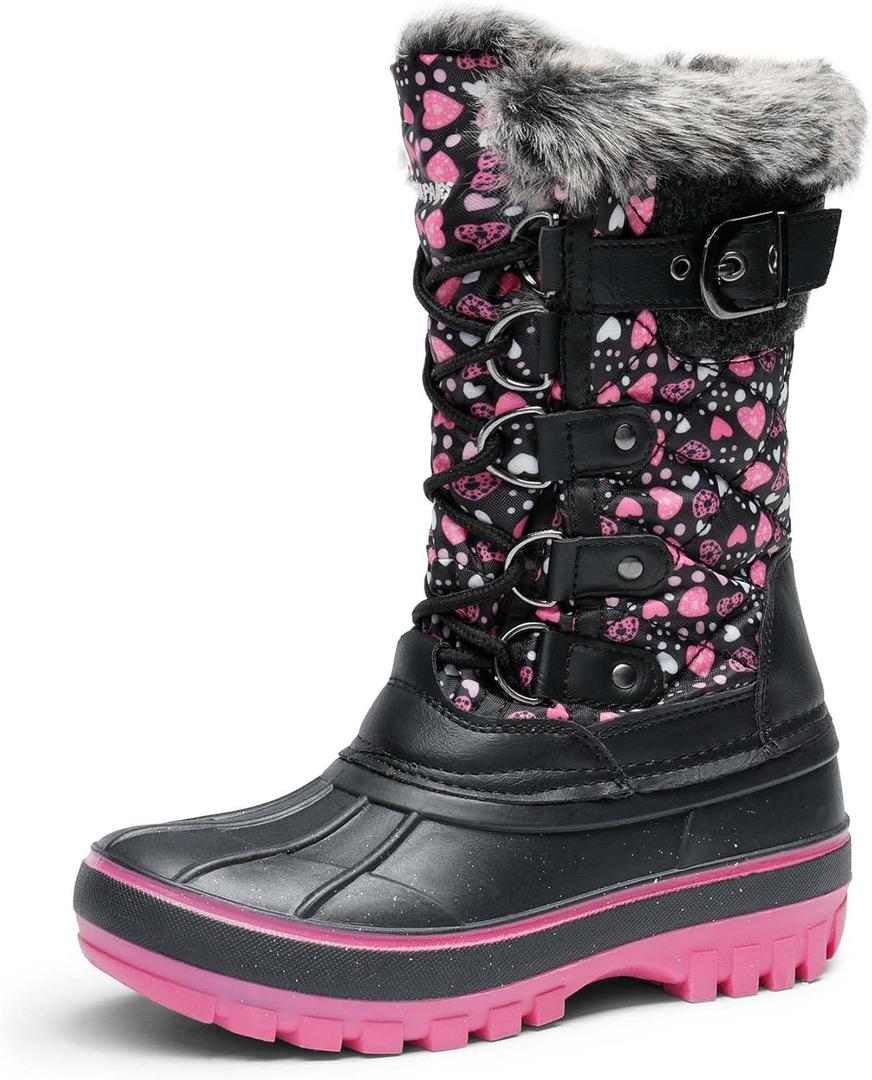 DREAM PAIRS Boys Girls Snow Boots Water-Resistant Outdoor Warm Cozy Anti-Slip Mid Calf Faux Fur Lining Insulated Winter Shoes for Little/ Big Kids, Size 11 Little Kid, Black/ Pink, KRIVER-1