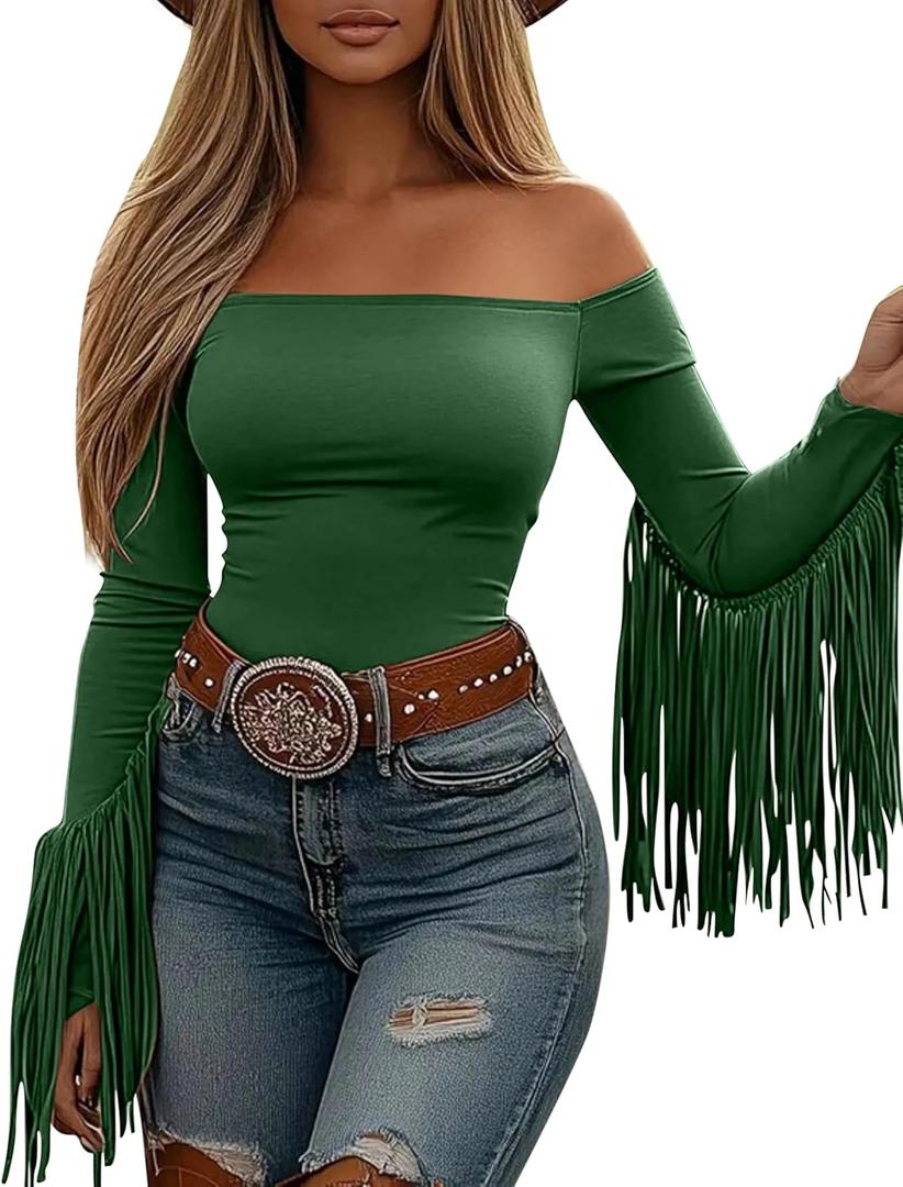 Fringe Tops for Women Western Cowgirl Off The Shoulder Fall Long Sleeve with Tassels Stretchy Crop Shirts Blouses (Medium, 08-green)